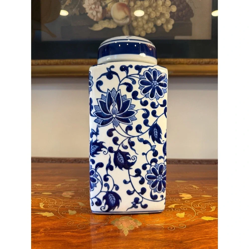 Vintage Bombay Blue & White Porcelain Ginger Jar • Lotus Floral Lidded Jar